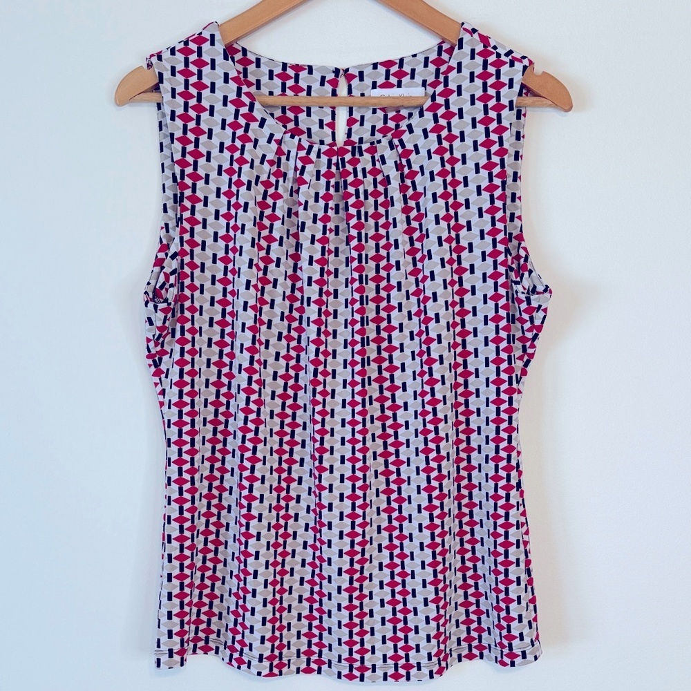 CALVIN KLEIN Stretch Sleeveless Office Geometric Printed Blouse